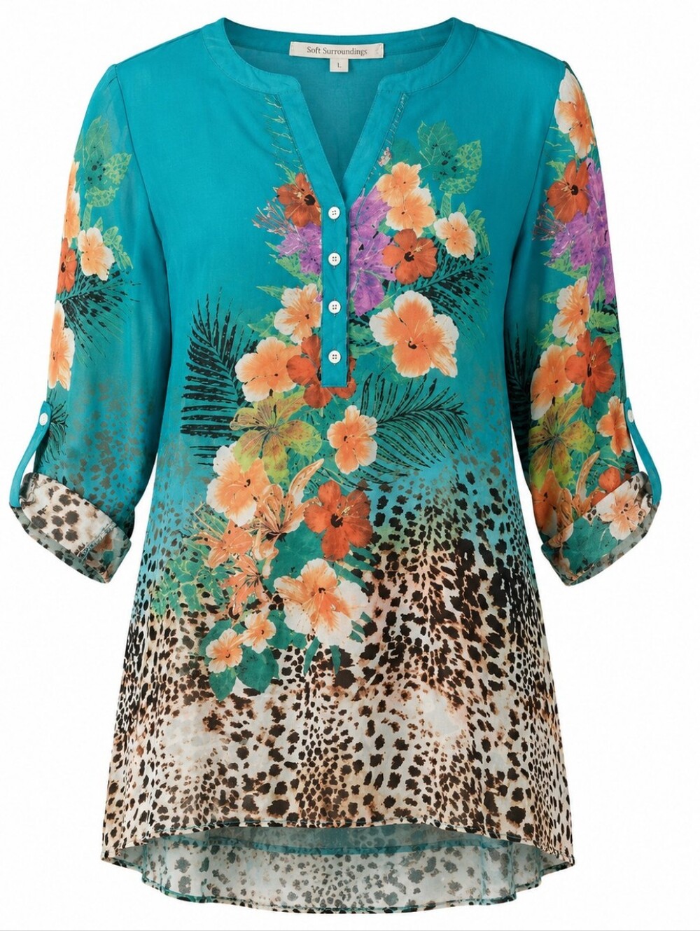 SOFT SURROUNDINGS | Semi-Sheer Teal Tropical Floral Leopard Animal Print Top | L